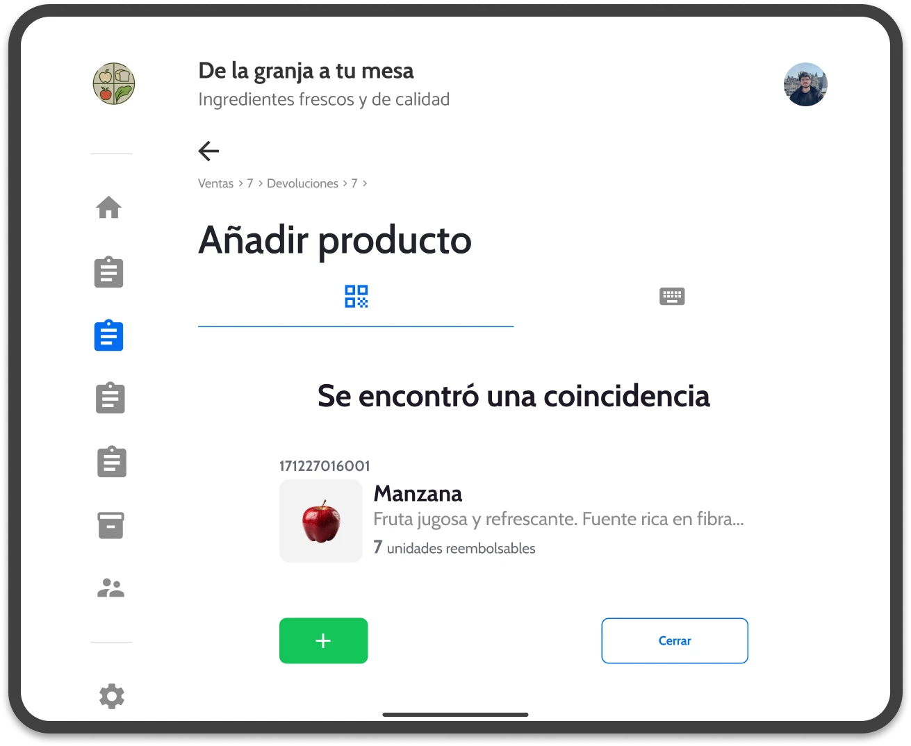 UI of wicadu, showing how add an item to an sale in a tablet.