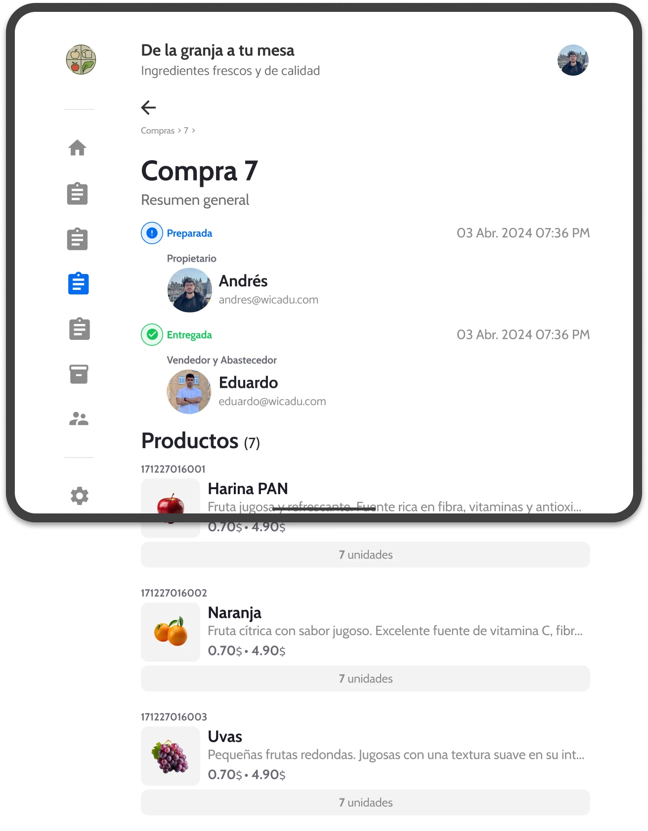 UI of wicadu, showing a purchase summary in a tablet.