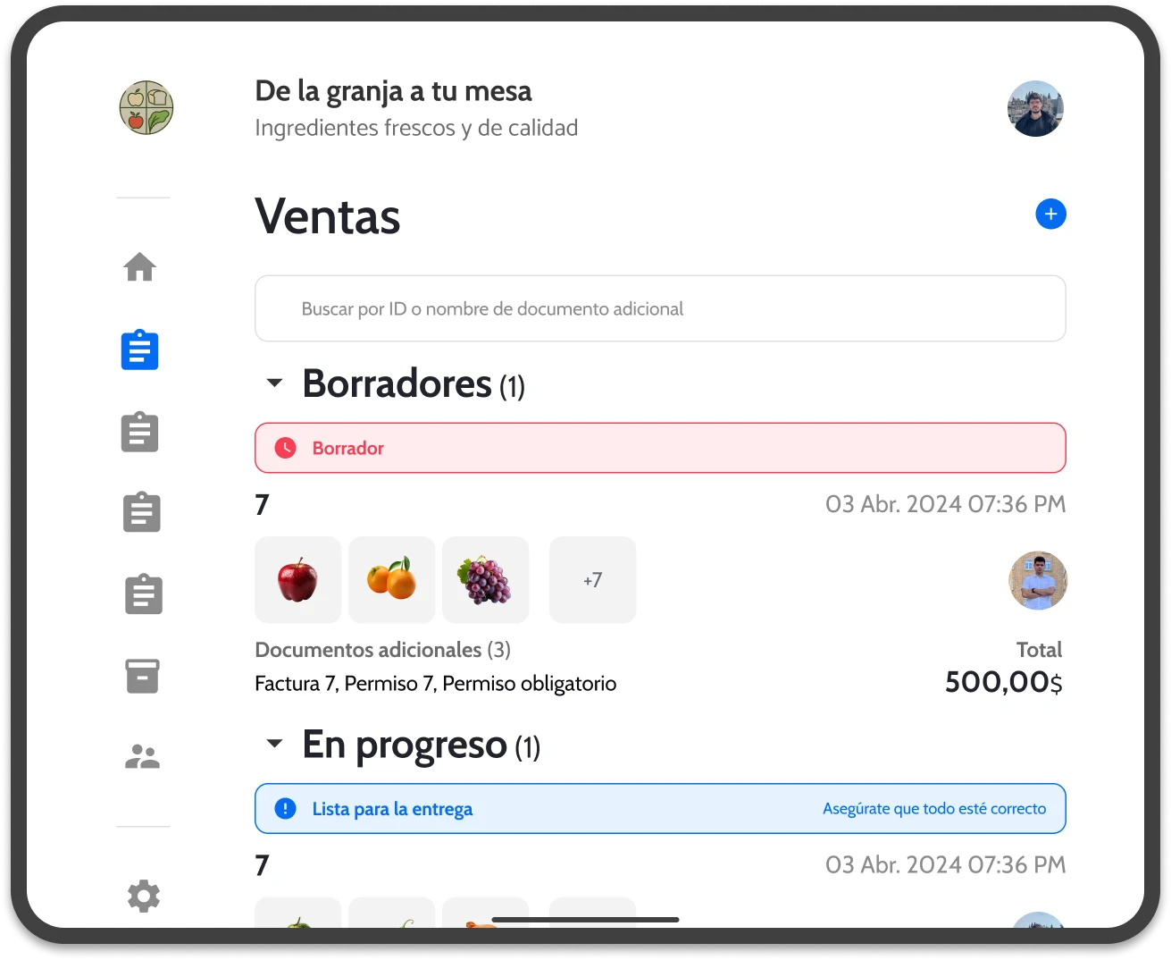 UI of wicadu, showing orders like purchases, sales and drafts in a tablet.