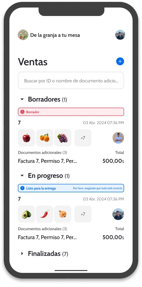 UI of wicadu, showing orders like purchases, sales and drafts in a mobile.